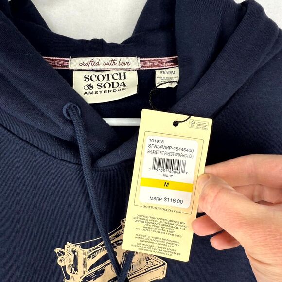 Scotch & Soda Mens Relaxed Fit Fleece Hoodie Dark Blue Embroidered Size M NEW - Picture 2 of 13